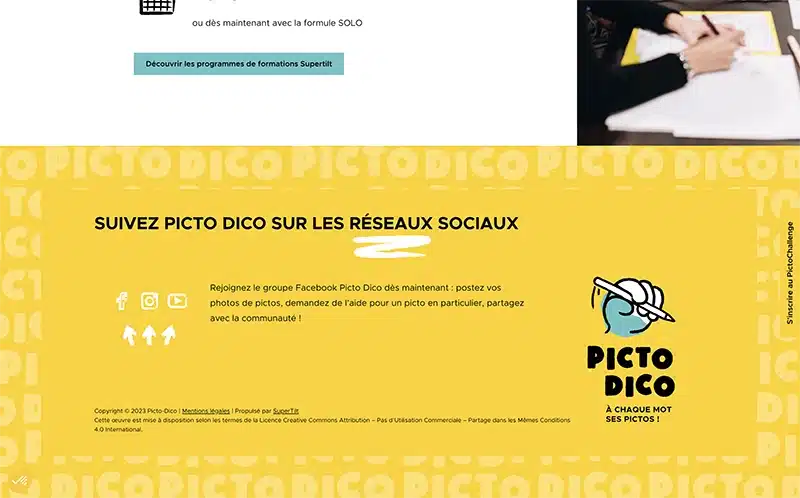 Capture d'écran du site Picto Dico, pied de page