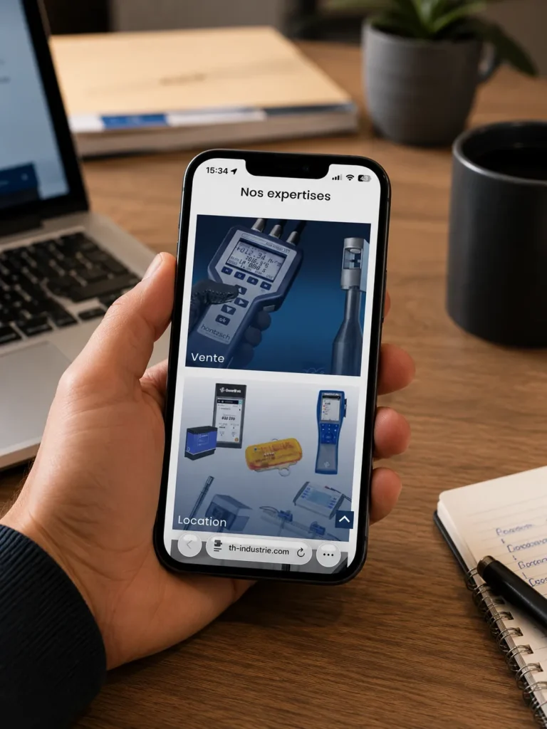 Téléphone ouvert sur le site de TH Industrie, site e-commerce Prestashop pour une entreprise B2B