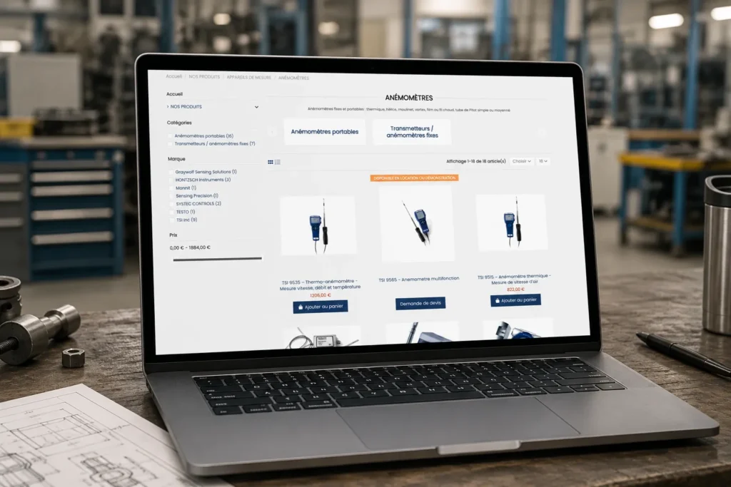 Ordinateur ouvert sur le site de TH Industrie, site e-commerce Prestashop pour une entreprise B2B