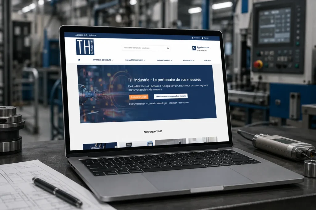 Ordinateur ouvert sur le site de TH Industrie, site e-commerce Prestashop pour une entreprise B2B