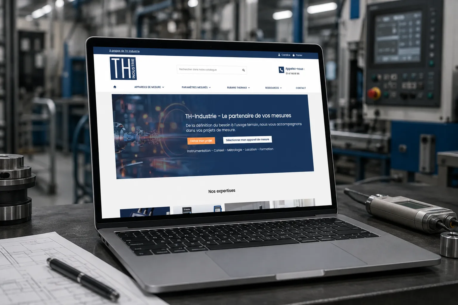 Ordinateur ouvert sur le site de TH Industrie, site e-commerce Prestashop pour une entreprise B2B