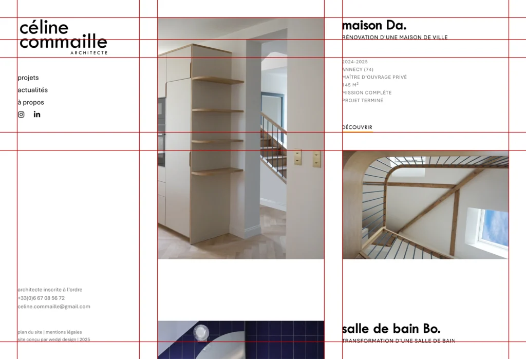 Capture d'écran du site de Céline Commaille Architecte avec grille de mise en page apparente