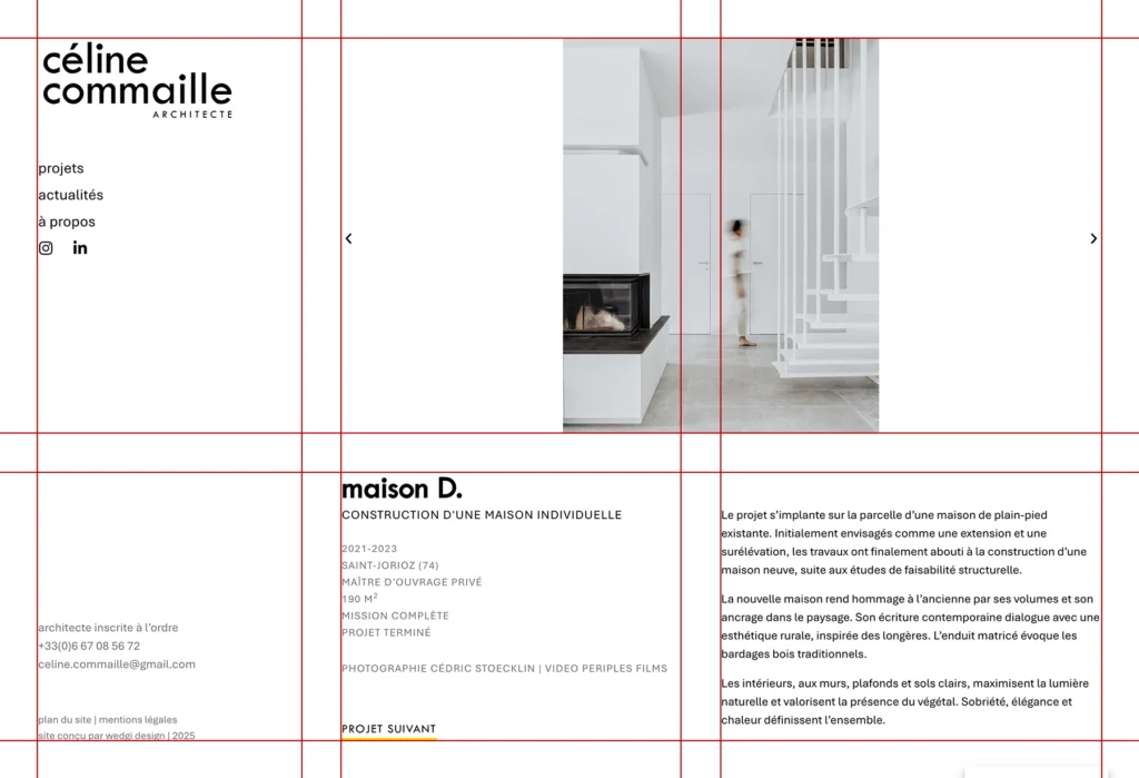 Capture d'écran du site de Céline Commaille Architecte avec grille de mise en page apparente