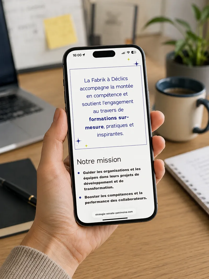 Site mobile responsive de la Fabrik à Déclics, site d'un organisme de formation sur la retraite, management